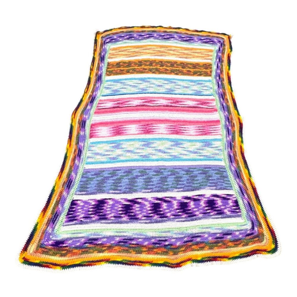 VTG Handmade Striped Crochet Afghan Blanket Purple Pink Blue Border Sofa Throw